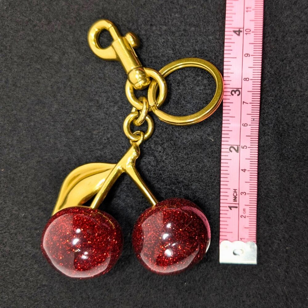 Cherry Bag Charm Key Chain Glitter Red Cherries Gold Clip - Picture 3 of 6